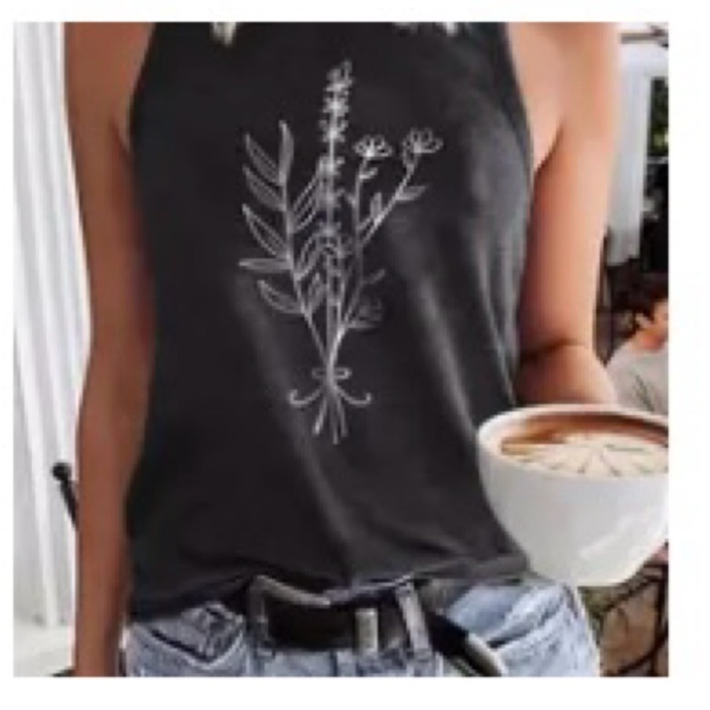 Women’s charcoal gray tank top with white floral print on front size XL